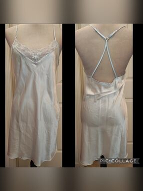 Vintage Linea Donatella Satin Lingerie Slip Dress w Lace & Baby Blue Detail.